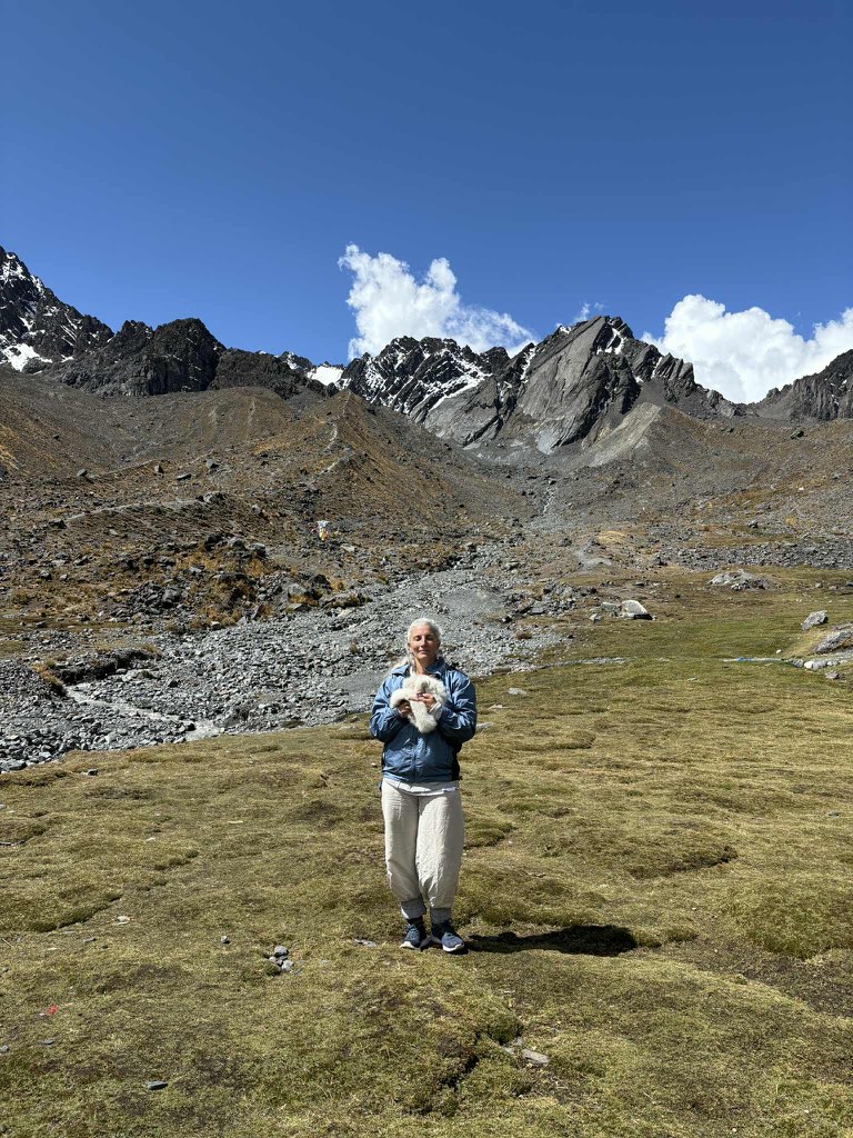 A traveller standing in a wide mountain valley