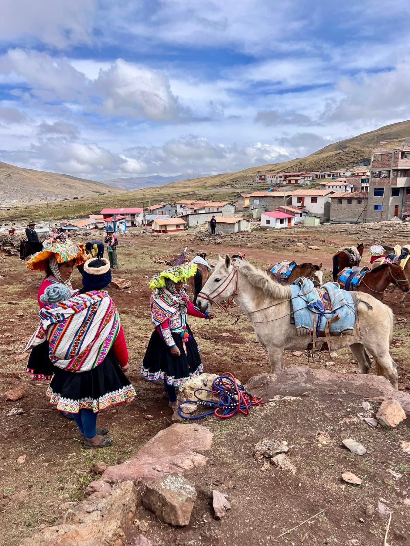 People in colourful woven clothing standing with pack animals near a mountain village