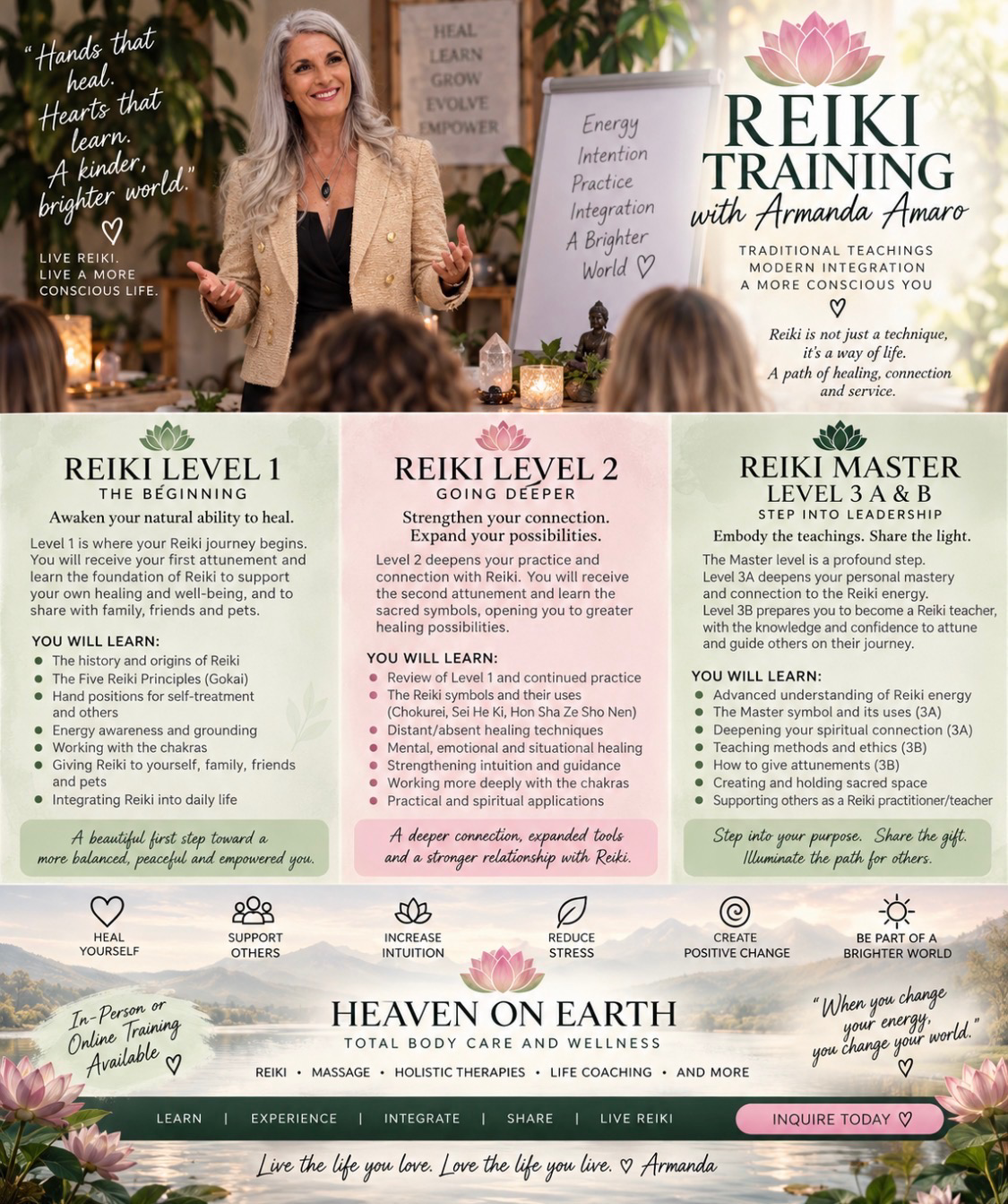 Reiki Training with Armanda Amaro. Level 1, Level 2, and Master Levels 3A and 3B. Full course descriptions follow below.